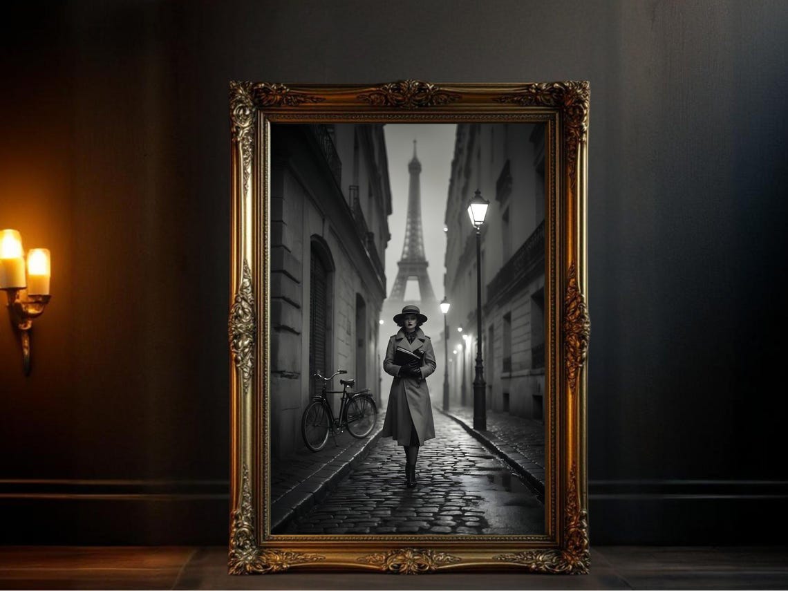 Vintage Black And White Paris Street Scene With Eiffel Tower Poster