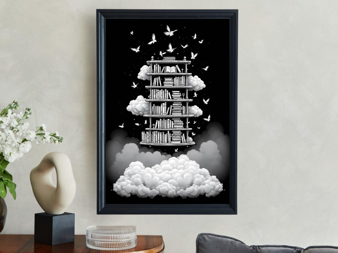 Floating Bookshelf Among Clouds And Doves Black White Poster
