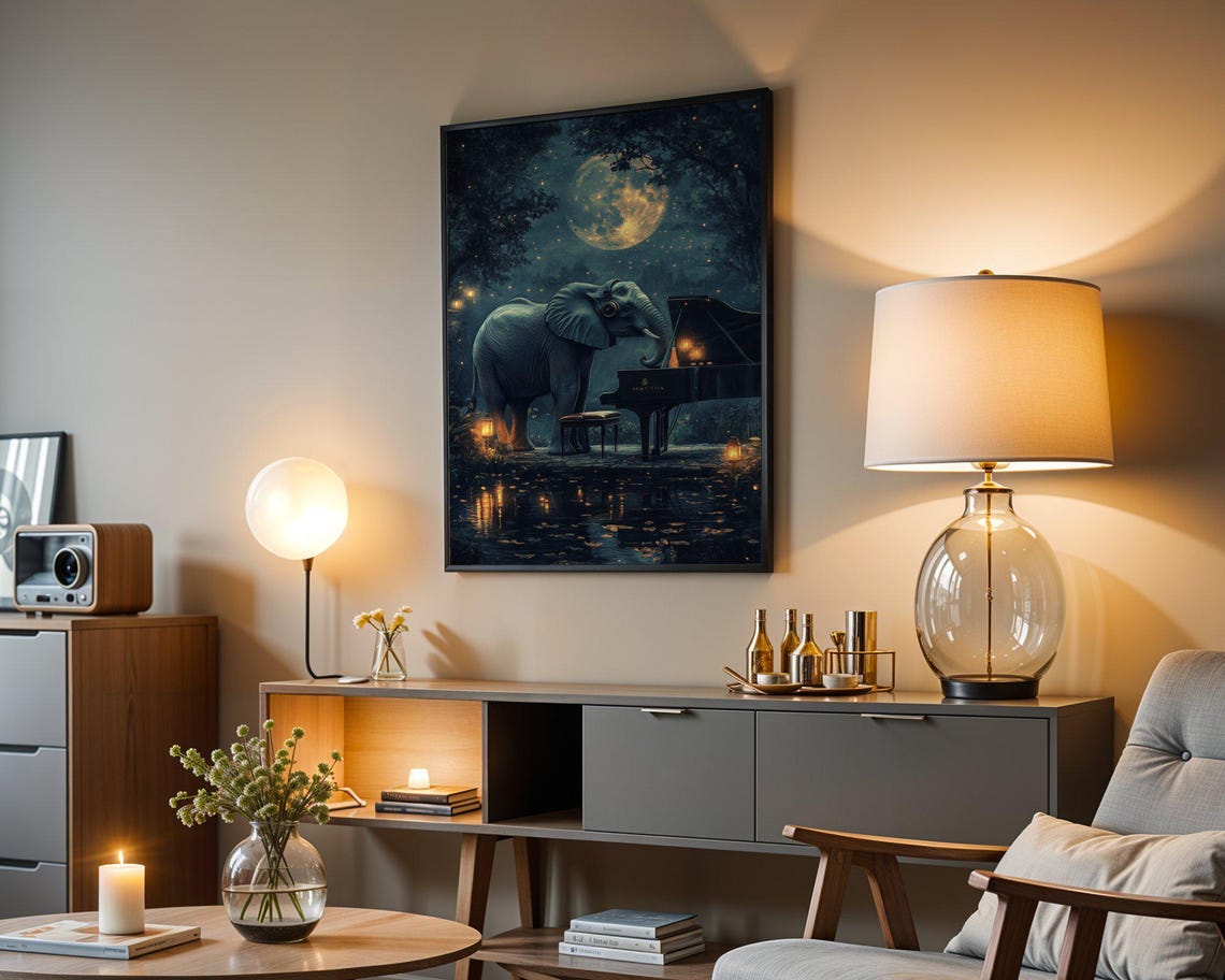 Elephant Playing Grand Piano Under A Full Moon At Night Poster - Image 4