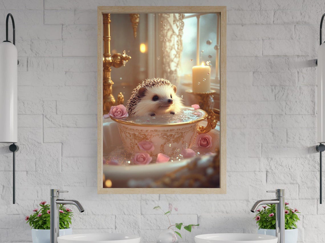 Tiny Hedgehog Bathing In A Fancy Teacup With Rose Petals Poster