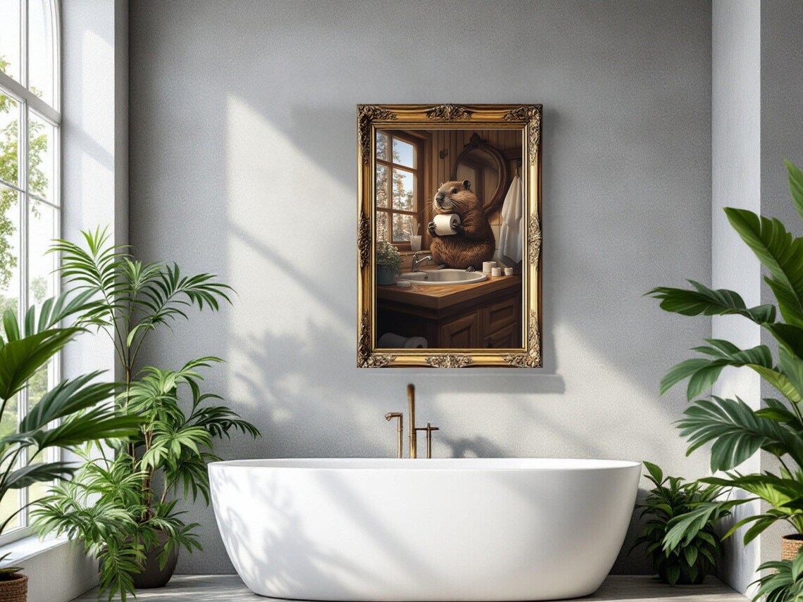 Cheerful Beaver Holding Toilet Paper Sitting on the Bathroom Sink Poster - Image 3