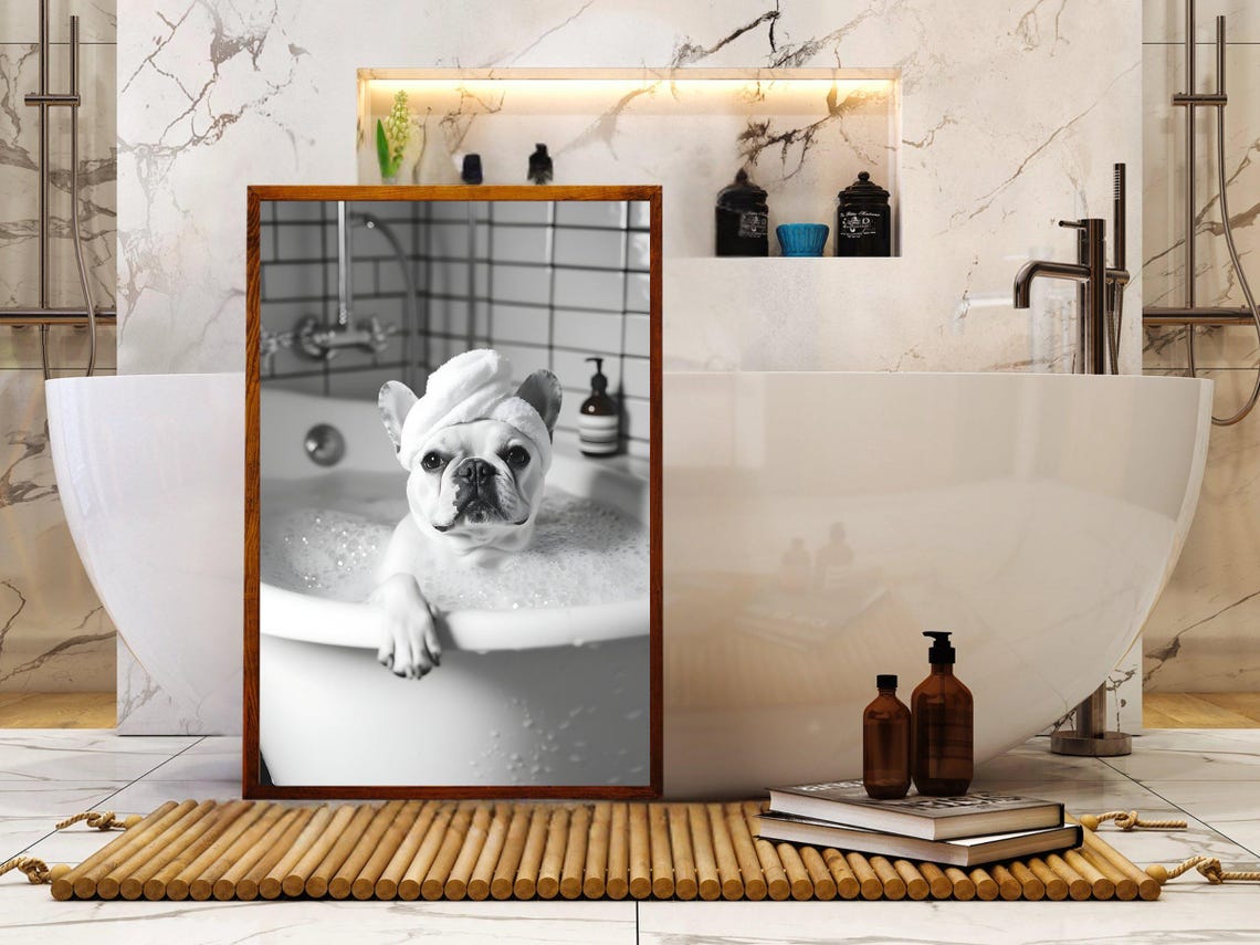 French Bulldog Enjoying a Bubble Bath With a Towel Turban Poster - Image 5