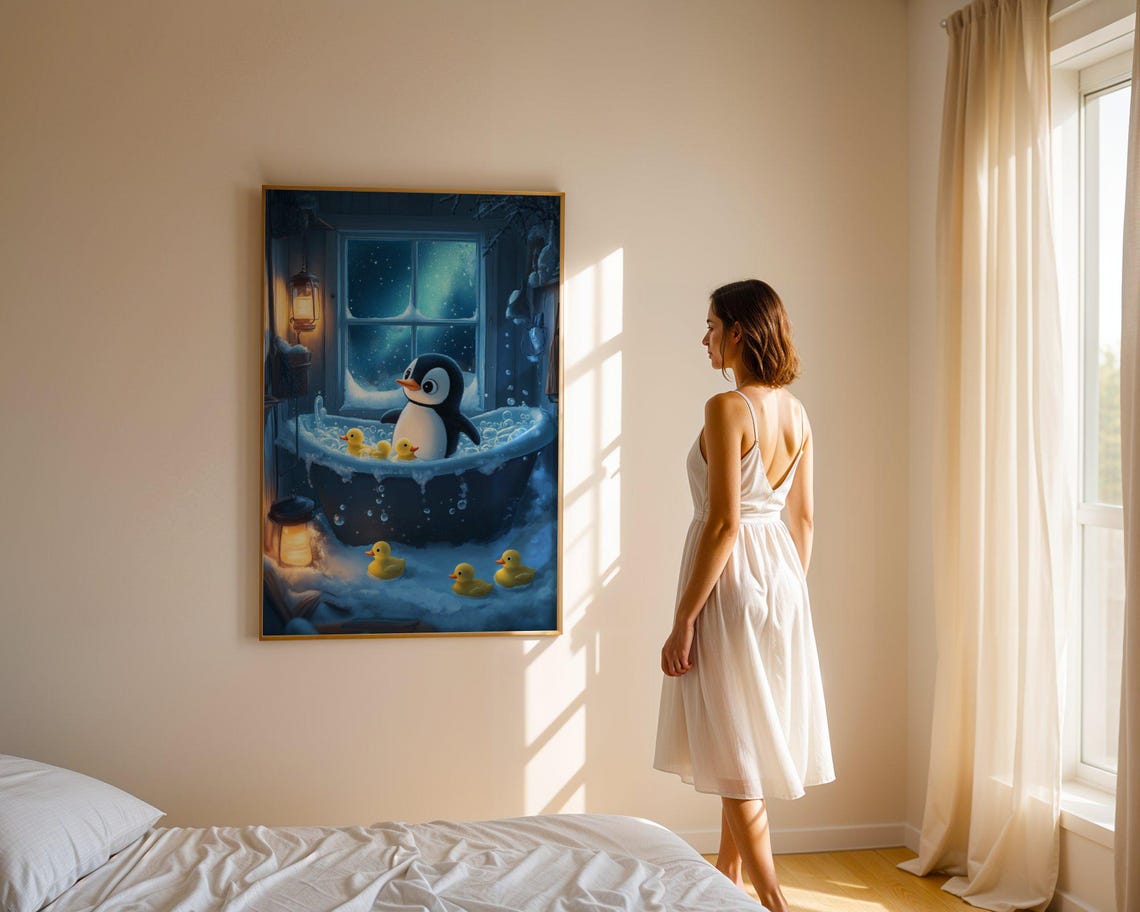 Penguin in Bubble Bath With Rubber Ducks Snowy Window Poster - Image 3