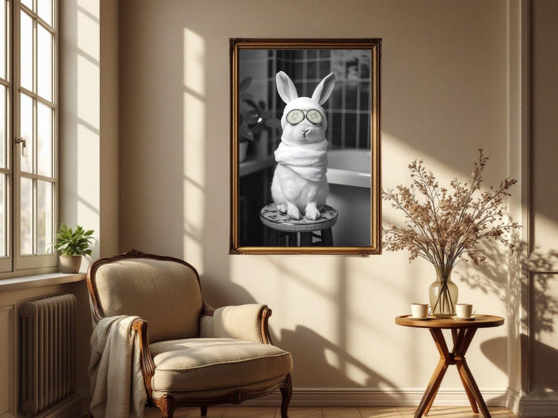 White Rabbit Spa With Cucumber Eyes Black And White Animal Poster - Image 4