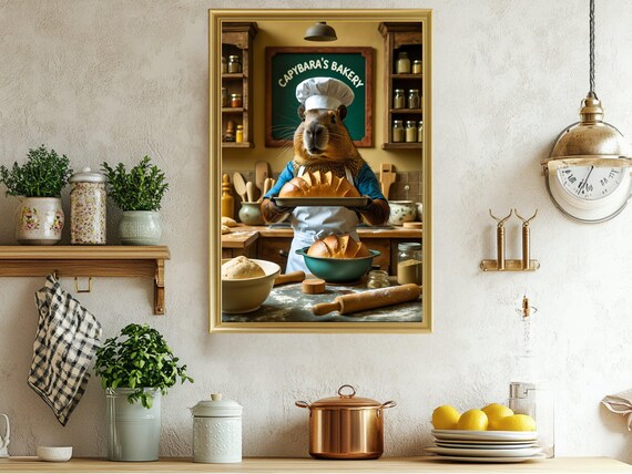 Cute Capybara Bakery Wall Art Animal Chef Poster Illustration Funny Kitchen Decor Print Whimsical Animal Artwork Food Lovers Gift