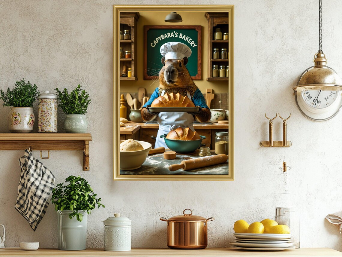 Cute Capybara Bakery Wall Art Animal Chef Poster Illustration Funny Kitchen Decor Print Whimsical Animal Artwork Food Lovers Gift