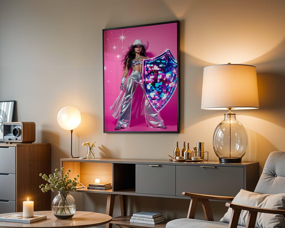 Retro Futuristic Cowgirl Wall Art Neon Shield Wall Decor Vibrant Space Theme Poster Unique Colorful Art Print For Home - Image 4