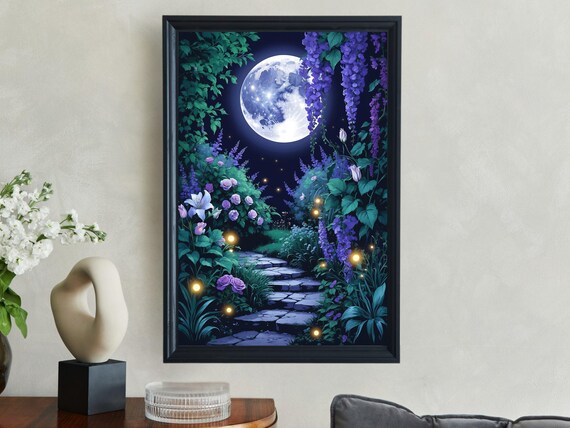 Moonlit Enchanted Garden Path Full Moon Fireflies Night Wall Art