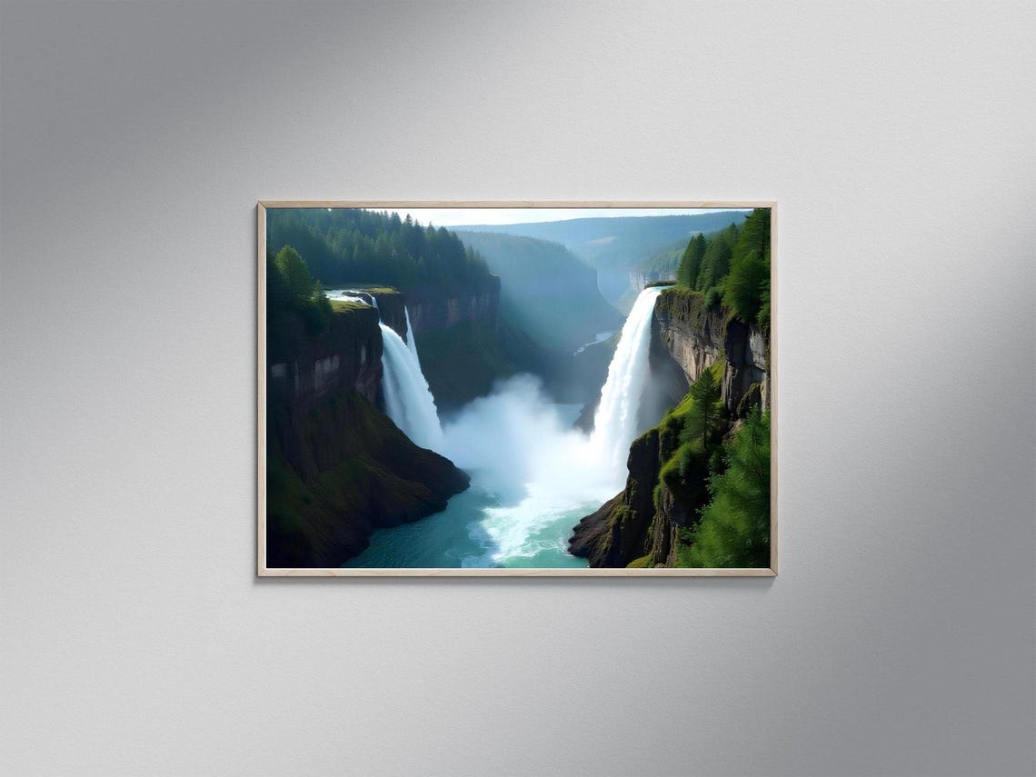 Twin Waterfalls Plunging into a Misty Green Canyon Gorge Poster