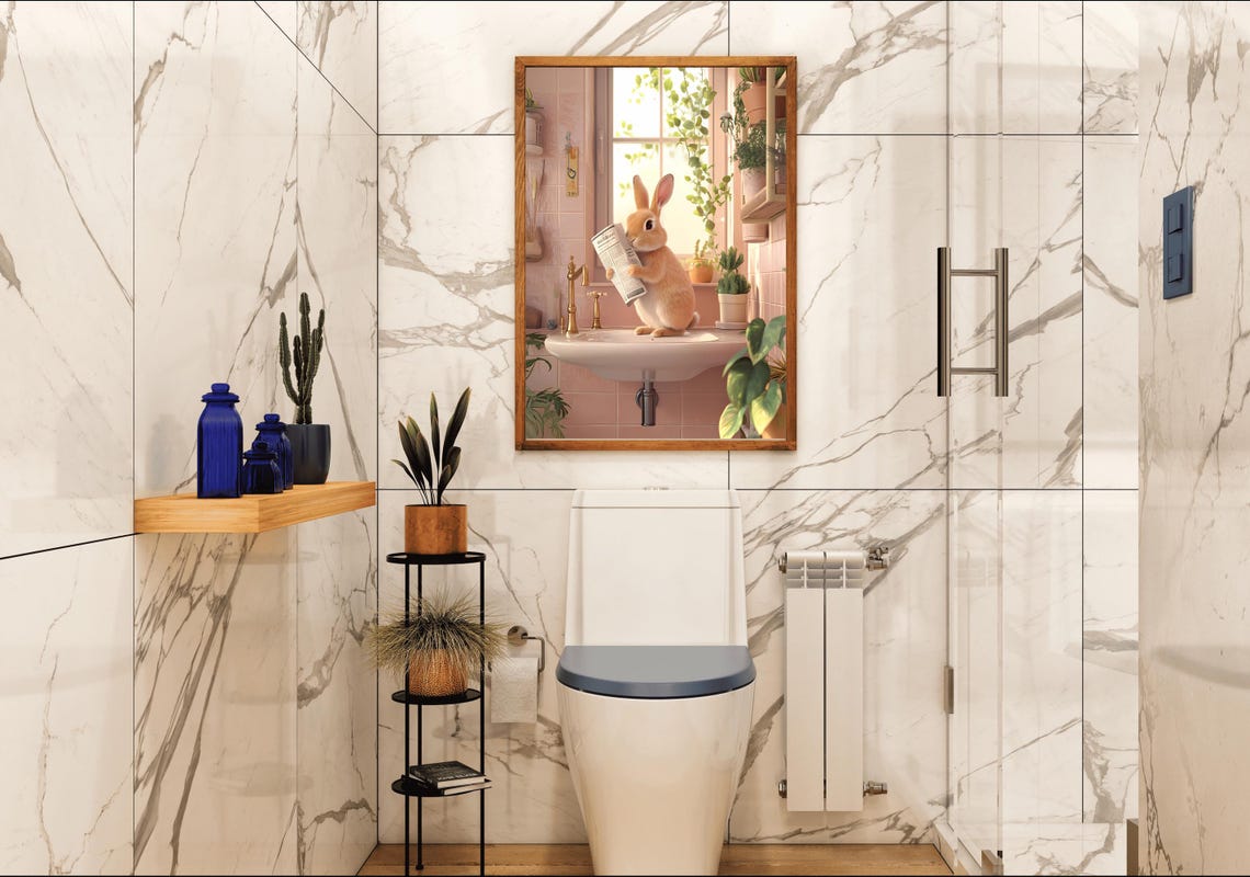 Cute Bunny Standing On A Bathroom Sink Holding A Newspaper Poster - Image 4