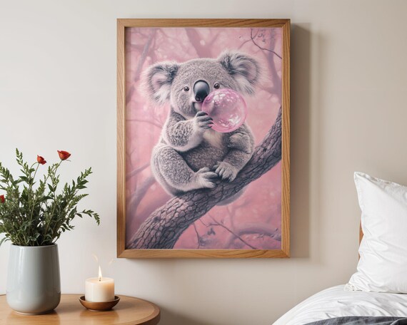 Sweet Koala Blowing A Bubblegum Bubble On A Branch In Pink Poster