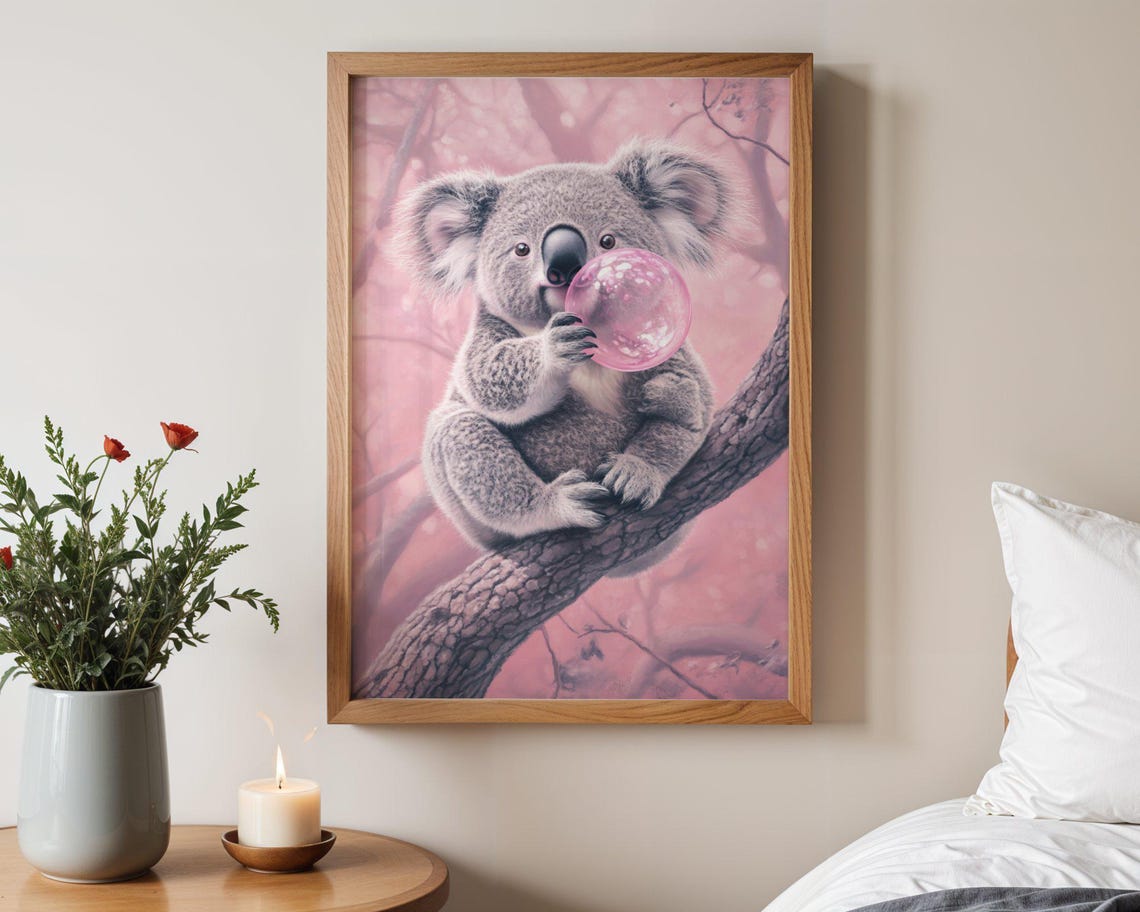 Sweet Koala Blowing A Bubblegum Bubble On A Branch In Pink Poster