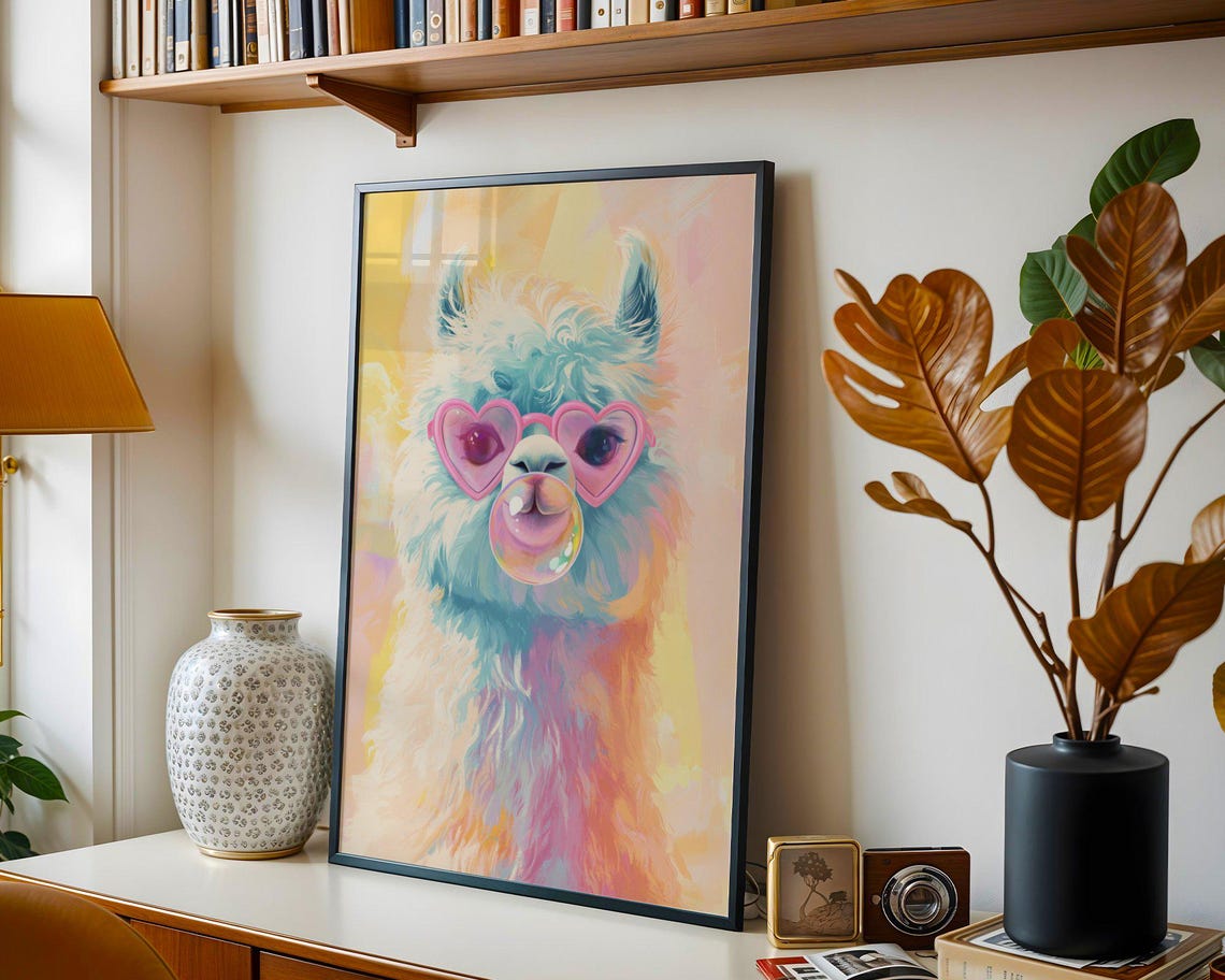 Fluffy Alpaca With Heart Glasses Blowing A Bubblegum Bubble Poster - Image 2