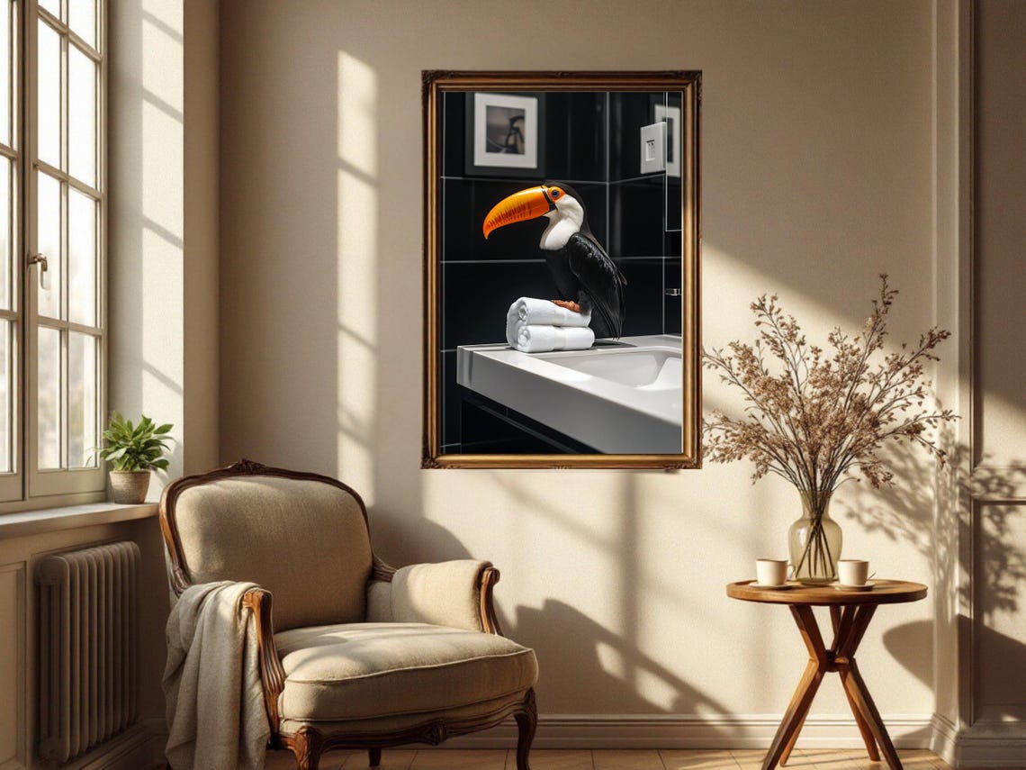 Vibrant Toco Toucan Perched on Folded Towels at the Sink Poster - Image 4