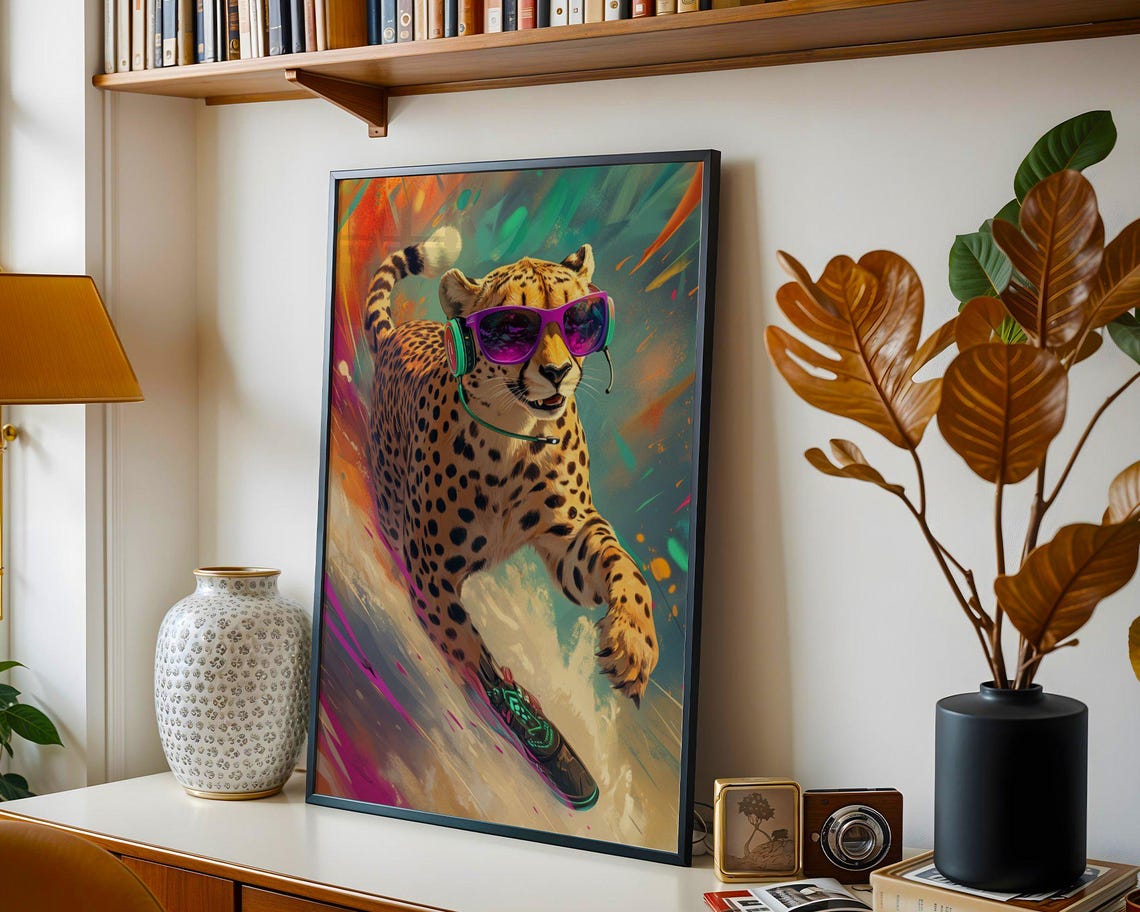 Cheetah In Sunglasses And Headphones Riding A Skateboard Poster - Image 2