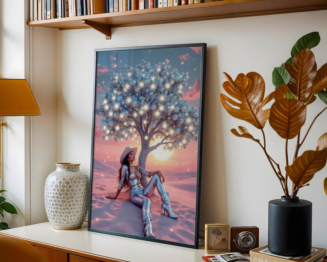 Silver Cowgirl Lounging Under Disco Orb Tree Desert Sunset Poster - Image 5