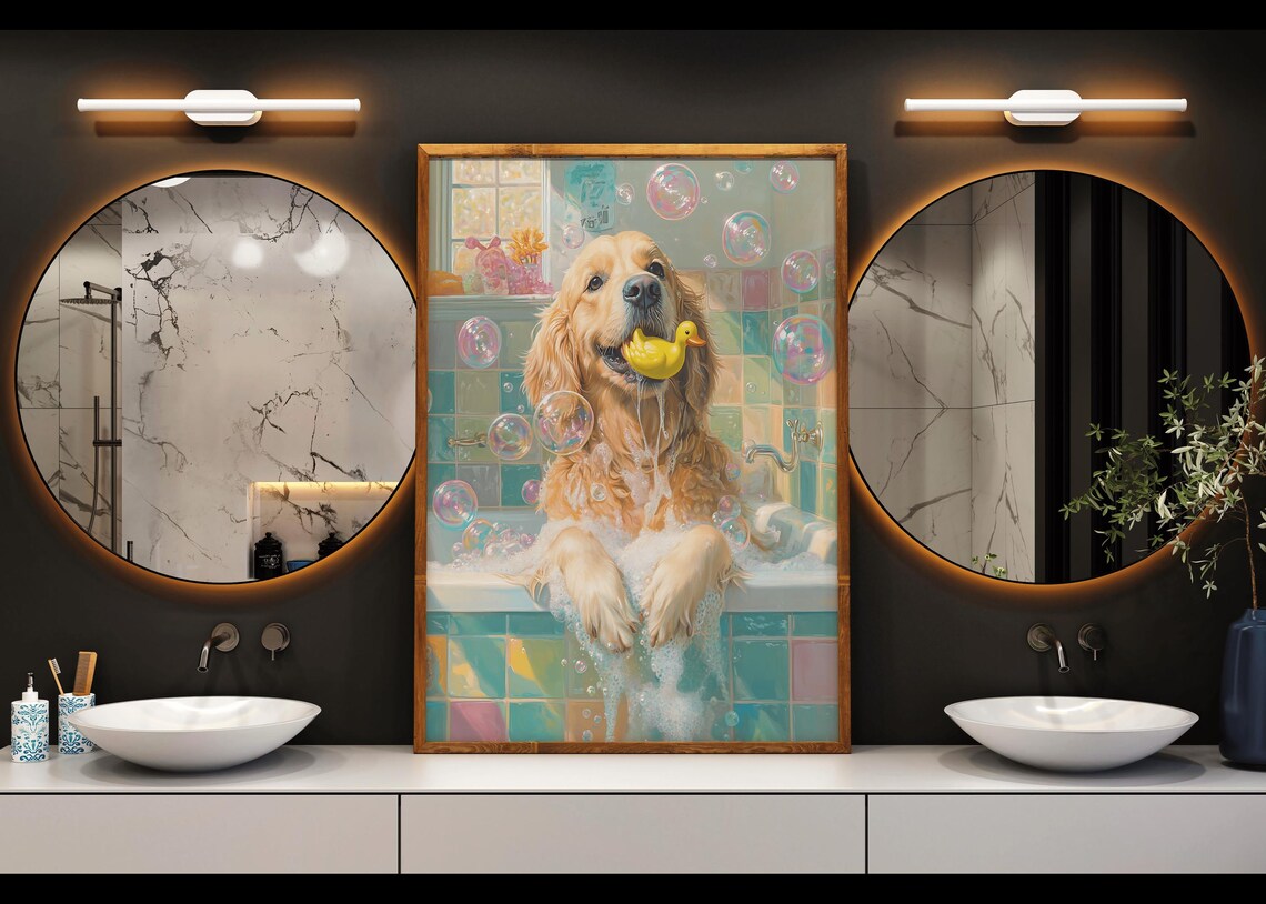 Golden Retriever Puppy In Bubble Bath Holding Rubber Duck Poster