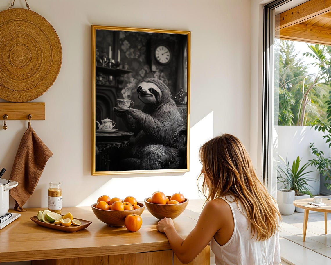 Sloth Enjoying Teatime Cute Black and White Animal Art Poster - Image 5