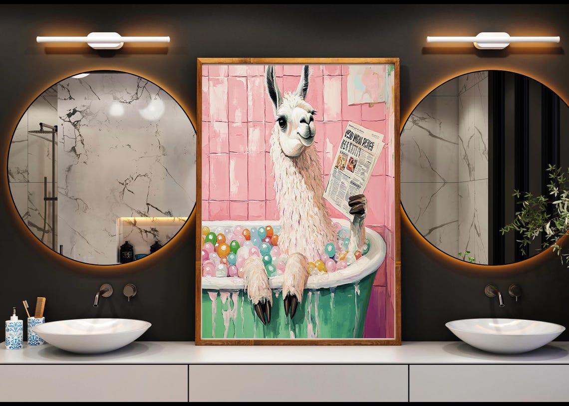 White Llama Sitting In Ball Pit Bathtub Reading Newspaper Poster - Image 4