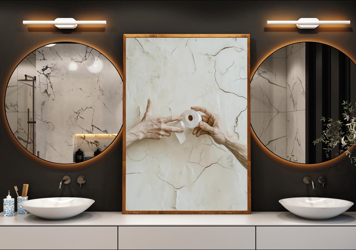 Creation of Adam Parody with Toilet Paper Funny Bathroom Art Poster - Image 3
