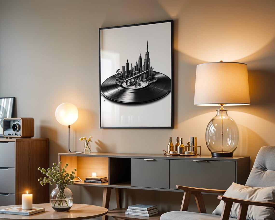 Miniature City Skyline On Vinyl Record Black White Music Poster - Image 3