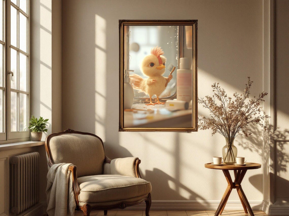 Fluffy Baby Chick Holding Toothbrush at the Bathroom Sink Poster - Image 4