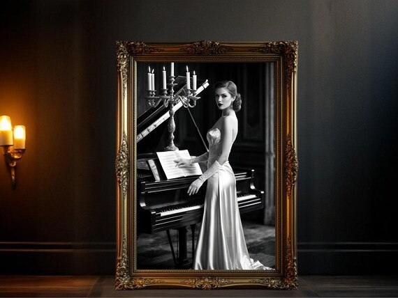 Woman in Satin Gown at Grand Piano with Candelabra, B&W Poster