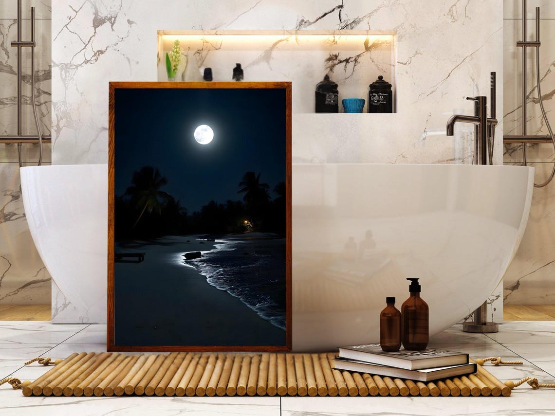 Full Moon over Peaceful Night Beach Silhouette Moonlit Ocean Poster - Image 2