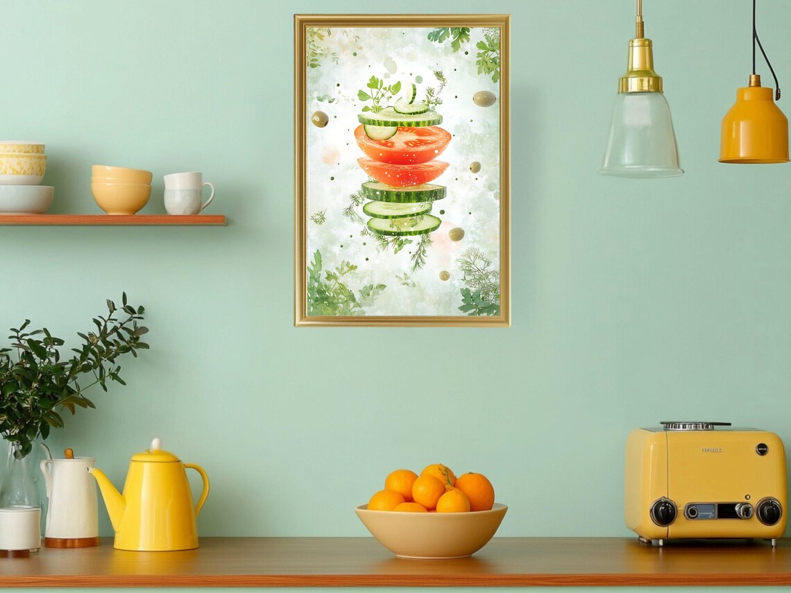 Floating Tomato Cucumber Slices Fresh Healthy Food Art Poster - Image 3