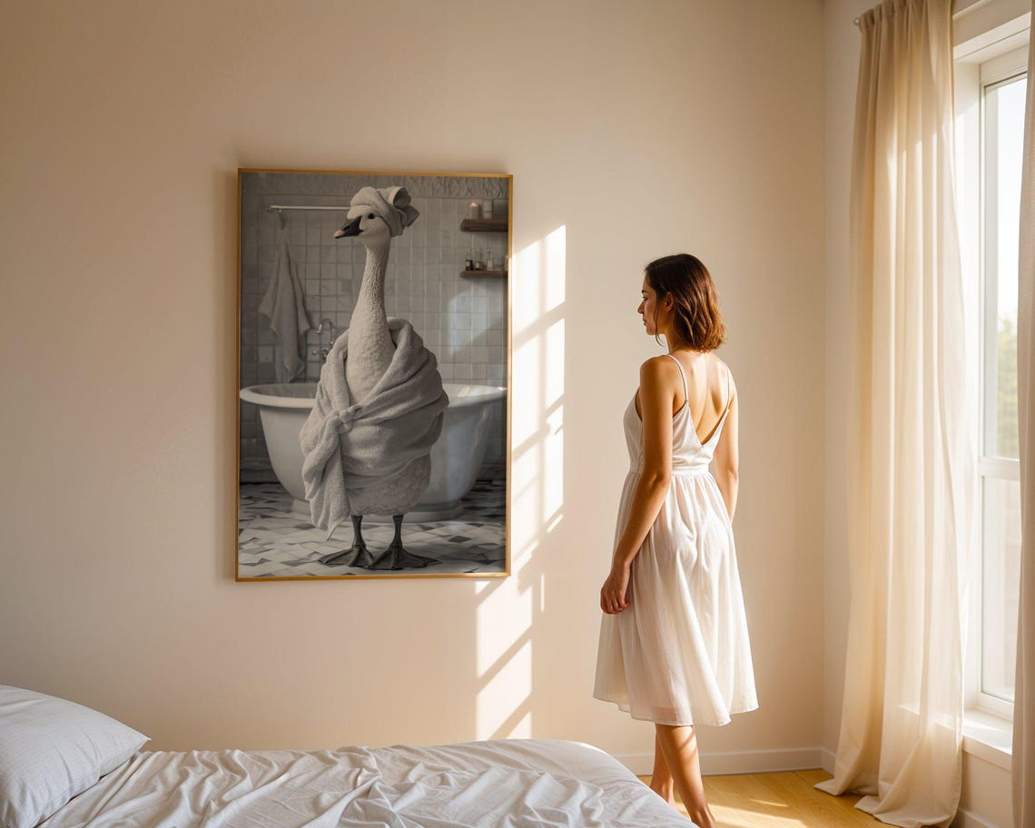 White Swan Wrapped in a Towel and Towel Turban Beside a Tub Poster - Image 3