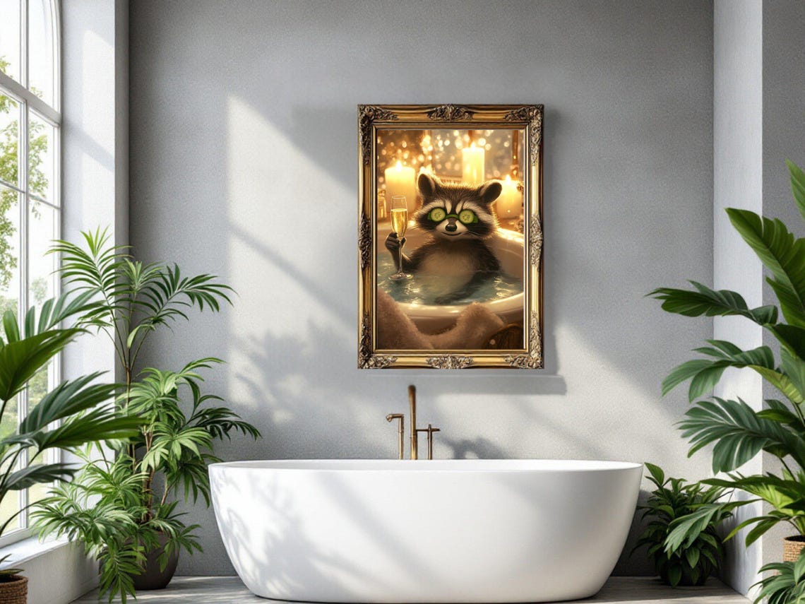 Relaxing Raccoon With Cucumber Slices Toasting in a Bubble Bath Poster - Image 3