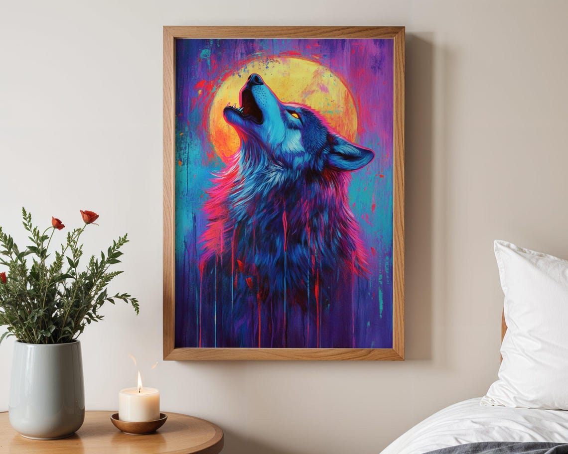 Howling Wolf at Golden Moon Cosmic Night Wildlife Art Poster