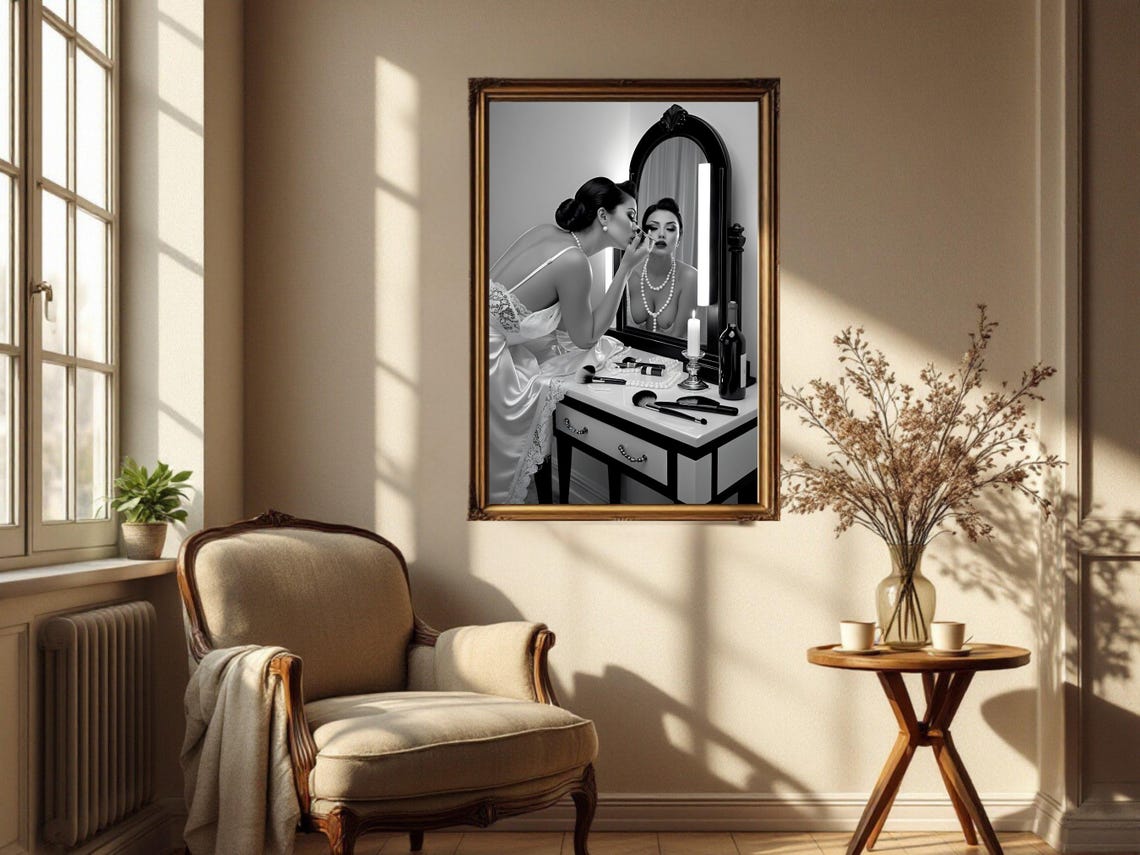 Woman Applying Makeup at a Vanity Mirror in Black and White Poster - Image 2