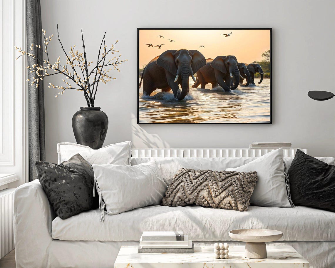 Elephants Wading Through a River at Golden Sunset with Birds Poster - Image 4