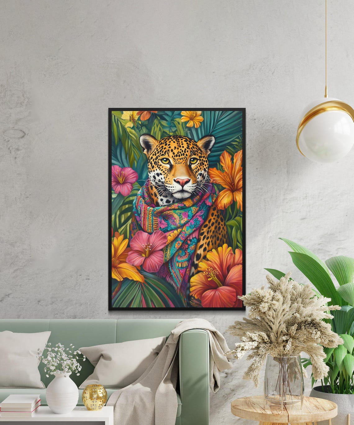 Colorful Leopard In A Bohemian Scarf Among Tropical Flowers Poster - Image 2