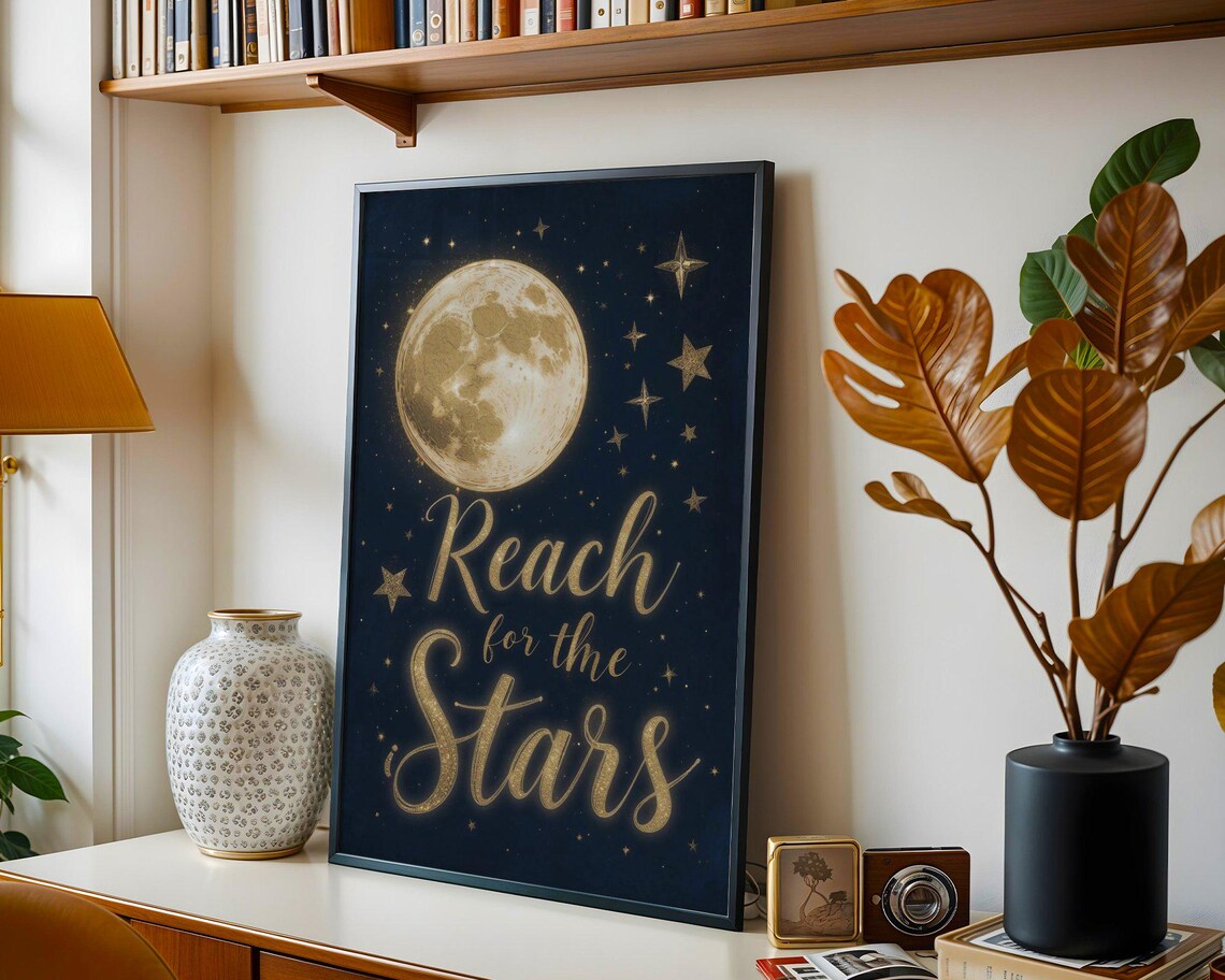 Reach for the Stars Gold Moon Navy Night Sky Celestial Quote Wall Poster - Image 3