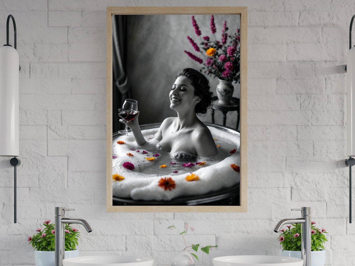Woman in a Bubble Bath With Wine and Colorful Flowers Poster