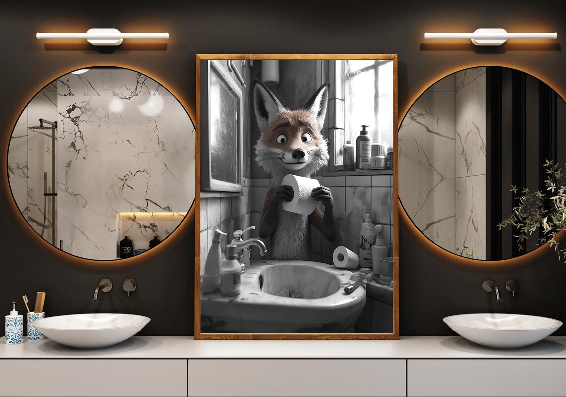 Cheeky Fox Holding Toilet Paper at the Sink Black and White Poster - Image 3