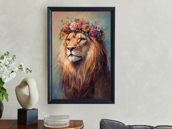 Majestic Lion Wearing a Flower Crown Painted Portrait Animal Poster