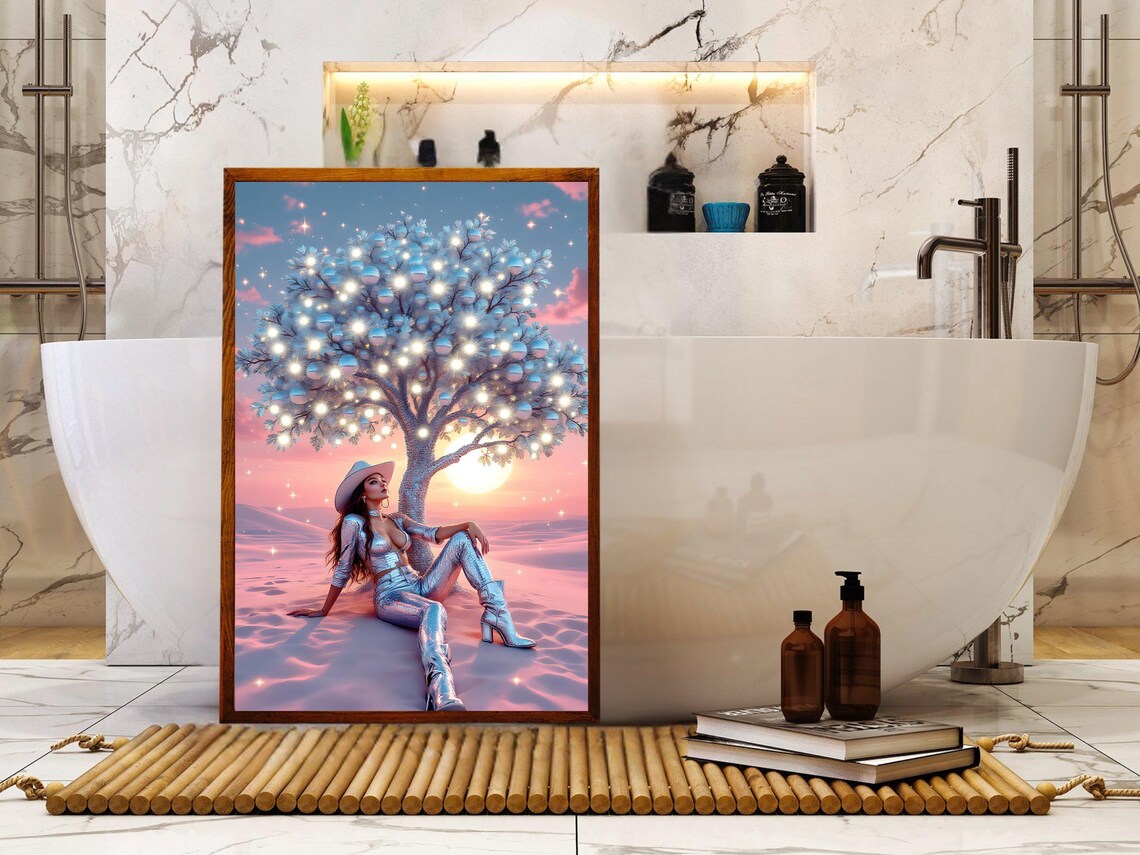 Enchanting Surreal Desert Landscape Woman Under Illuminated Tree Wall Art Print Sunset Fantasy Sparkle Decor Home - Image 2