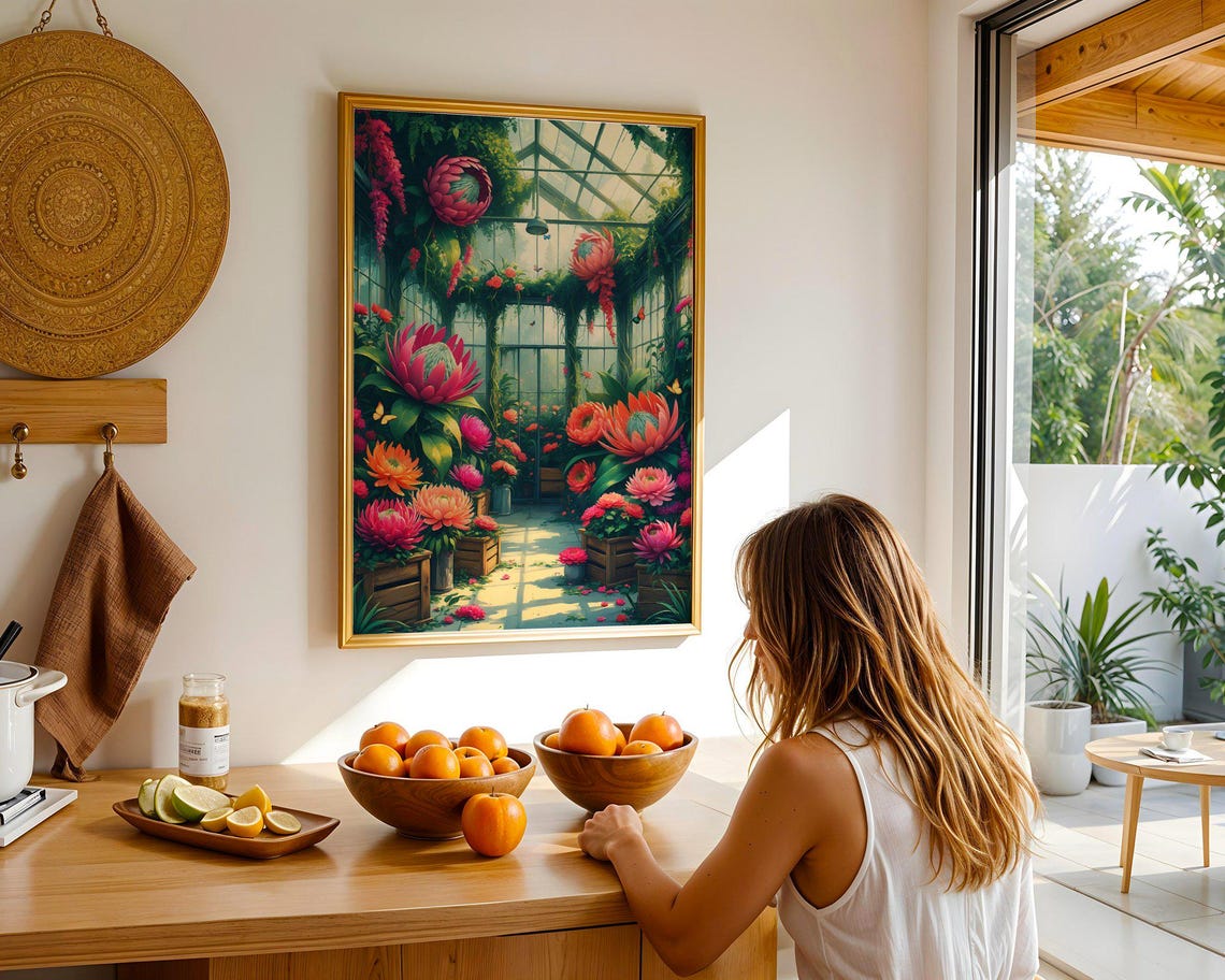 Lush Greenhouse Interior Filled With Giant Pink Protea Flowers Poster - Image 2