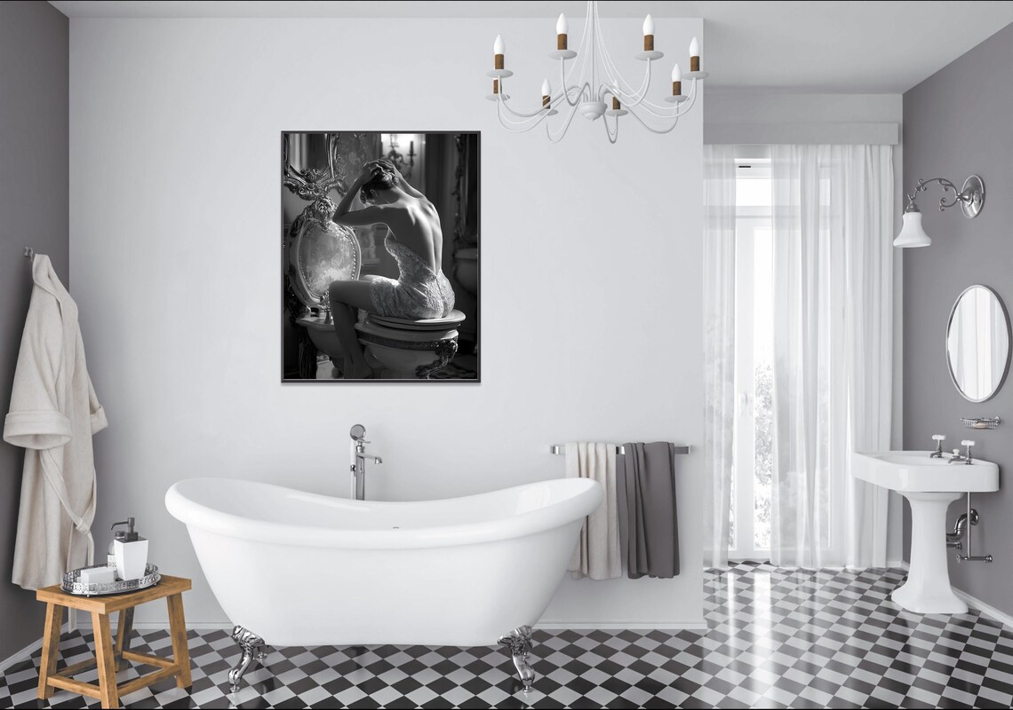 Black And White Fine Art Photograph Of A Woman In A Vintage Bathroom Poster - Image 2