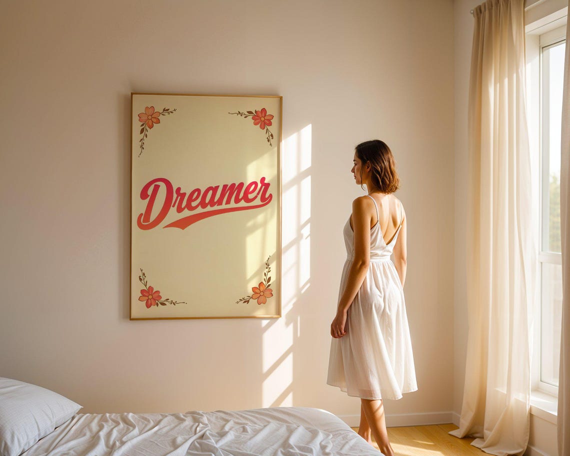 Dreamer Red Retro Script Floral Corner Inspirational Quote Poster - Image 4