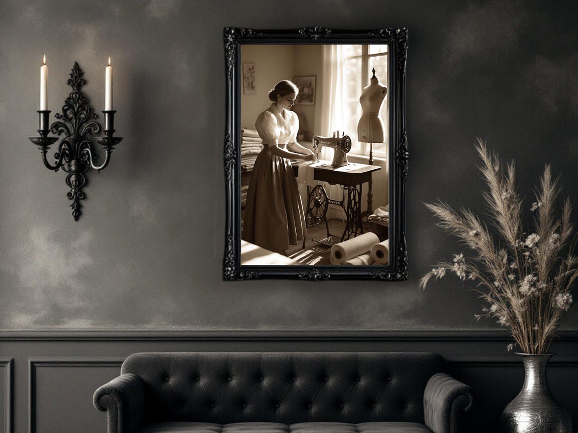 Vintage Seamstress at Singer Sewing Machine, Sepia Atelier Poster - Image 4