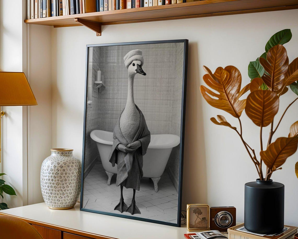 Swan in a Robe and Towel Turban Standing by a Bathtub Poster - Image 4