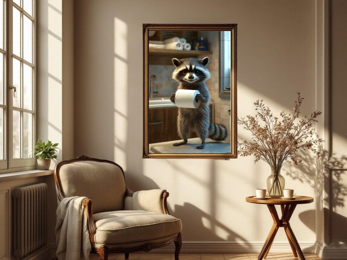 Cute Raccoon Holding Toilet Paper Roll Funny Bathroom Animal Poster - Image 4