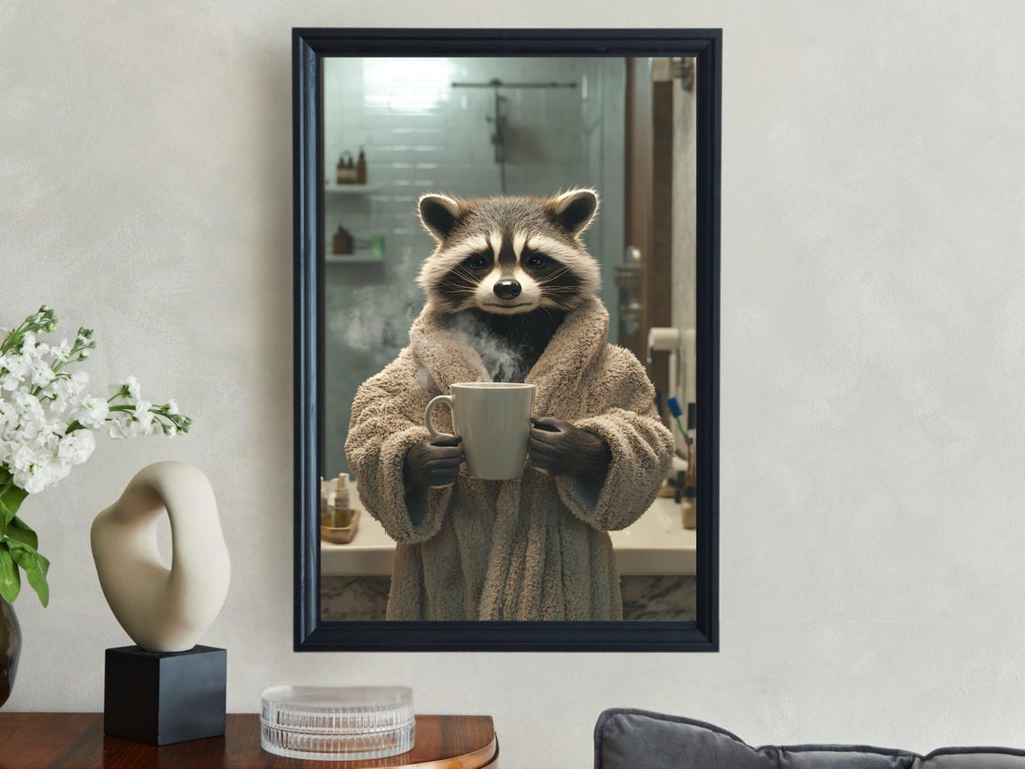 Raccoon in a Fluffy Bathrobe Holding a Steaming Coffee Mug Poster - Image 2