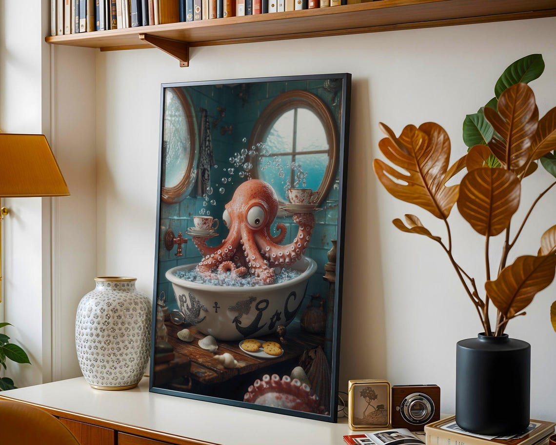Quirky Octopus Bathroom Art Funny Bathtub Octopus Print Whimsical Underwater Wall Decor Humorous Bathroom Decor - Image 4