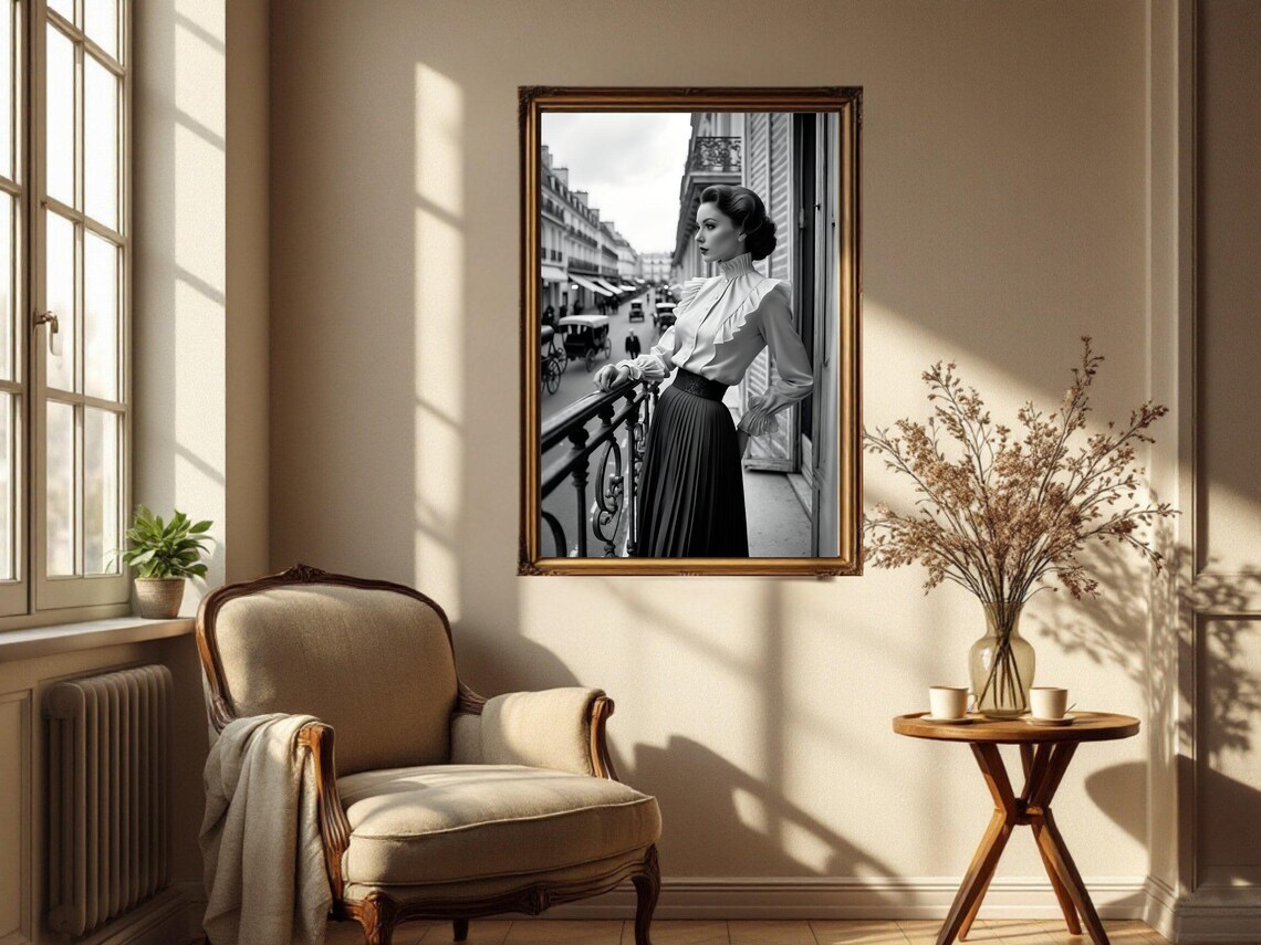 Woman on Parisian Balcony Overlooking Vintage Street, B&W Poster - Image 2