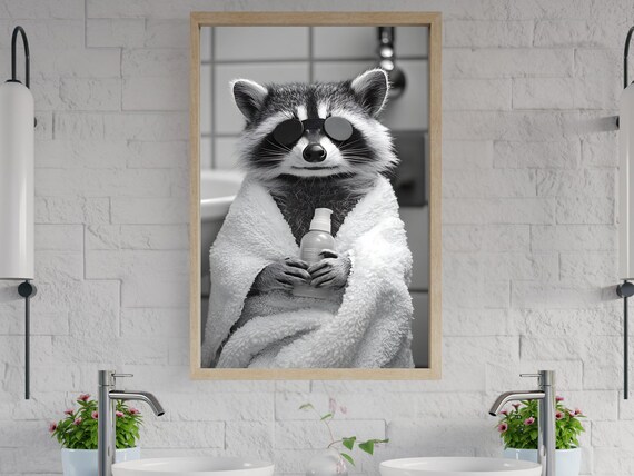 Raccoon In Towel With Soap Bottle Black And White Bathroom Poster